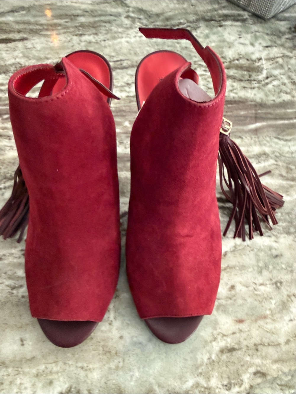 Charles Jourdan Red Suede Peep-Toe Tassel Mules